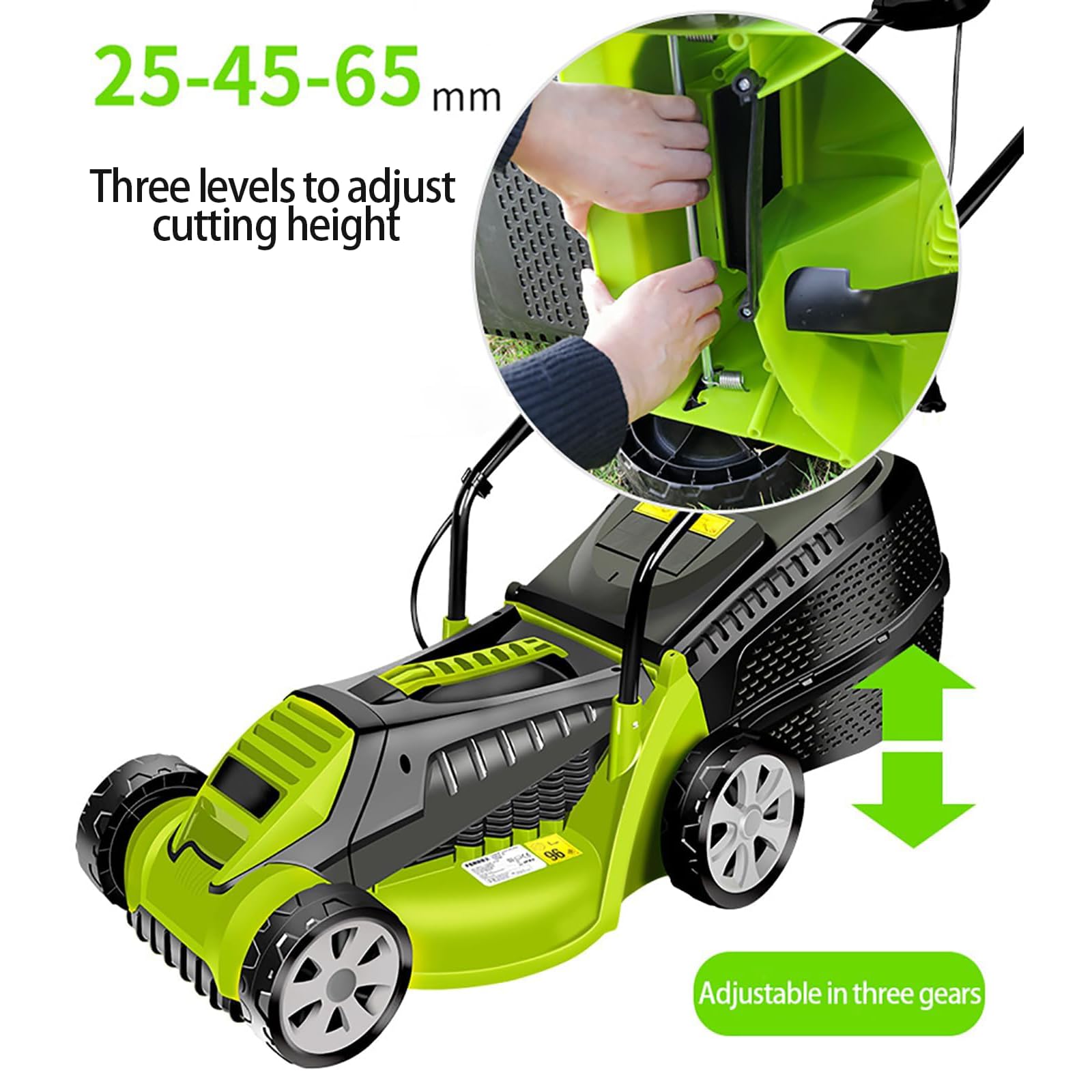 Cortacésped eléctrico, cortadora de césped inalámbrica de 1600 W con una Caja de Hierba Grande de 30 litros, Ancho de Corte de 32 cm, 3 Alturas de Corte Ajustables (25-65 mm), Mango Plegable