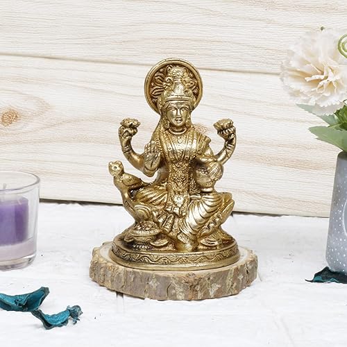 Laxmi Mata Blessing Sentado en Lotus con Kalash y Owl Brass Murti (5 pulgadas)