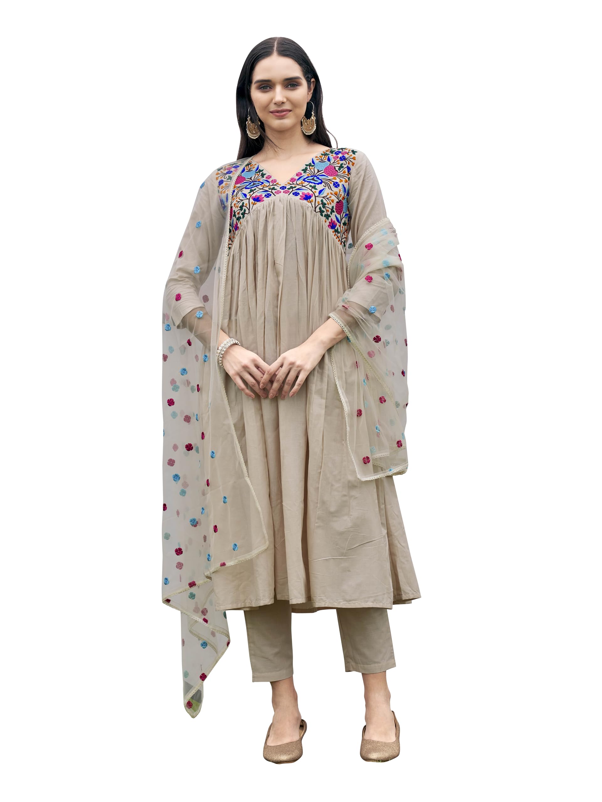 Womanista Women's Lavender Color Pure Cotton Parsi Embroidered Flared Kurta Set(Kurtaset_1364_Xl)