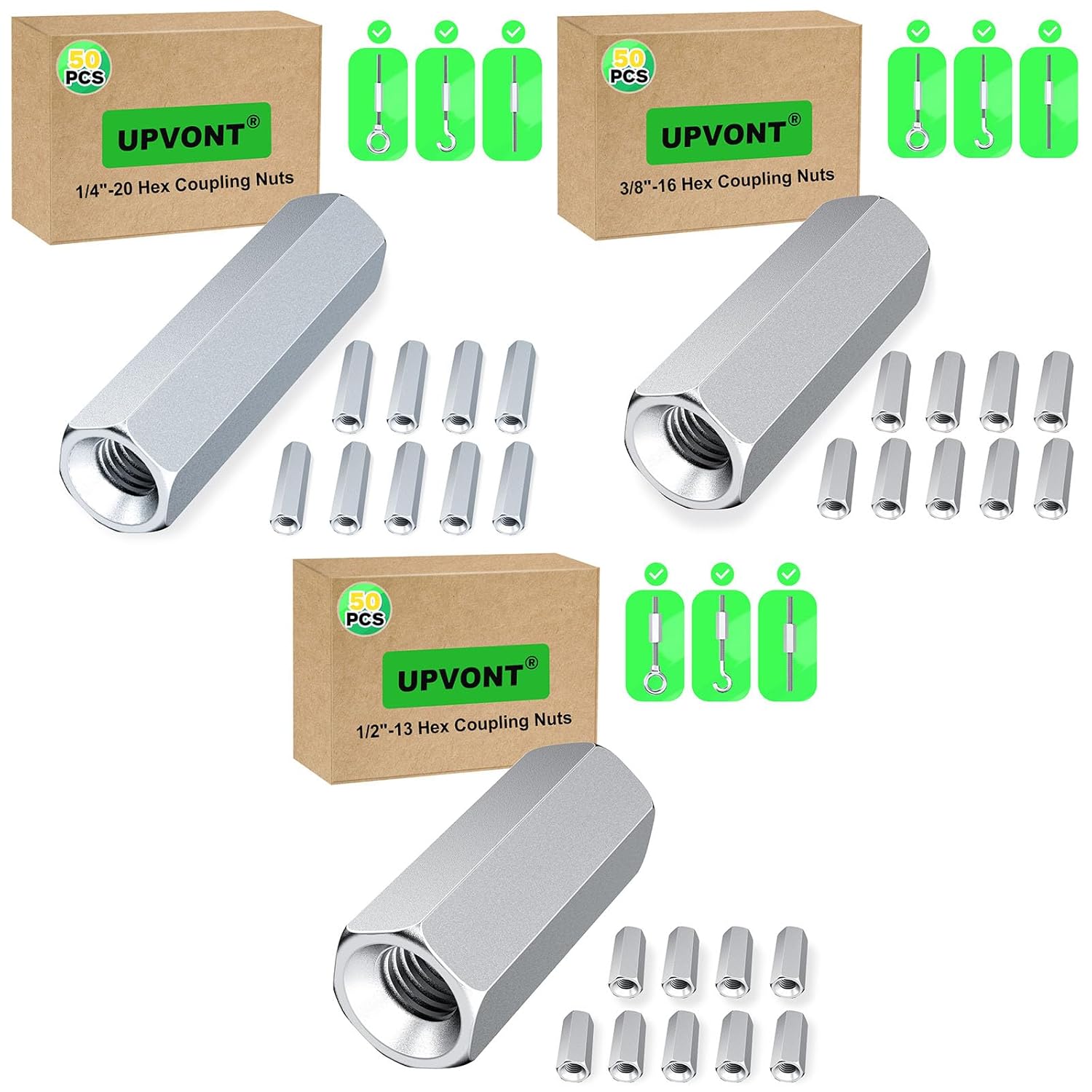 Hex Coupling Nuts 1.75-Inch, 1/4"-20, 3/8"-16, 1/2"-13 (150 PCS), Ideal for Threaded Rods & Studs