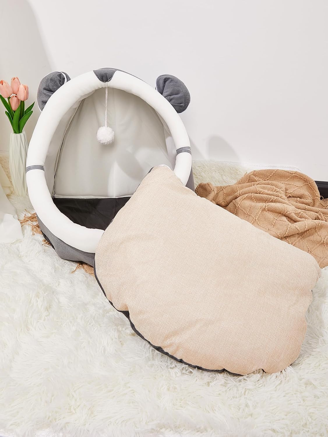 review QWINEE Indoor Cat Bed Cave with Removable Cushion - Pet Plush Warm Tent House Cartoon Rabbit Ear Design Pet Bed with Pompom for Cats Dogs Kitten Puppy and Rabbit Pure Grey M