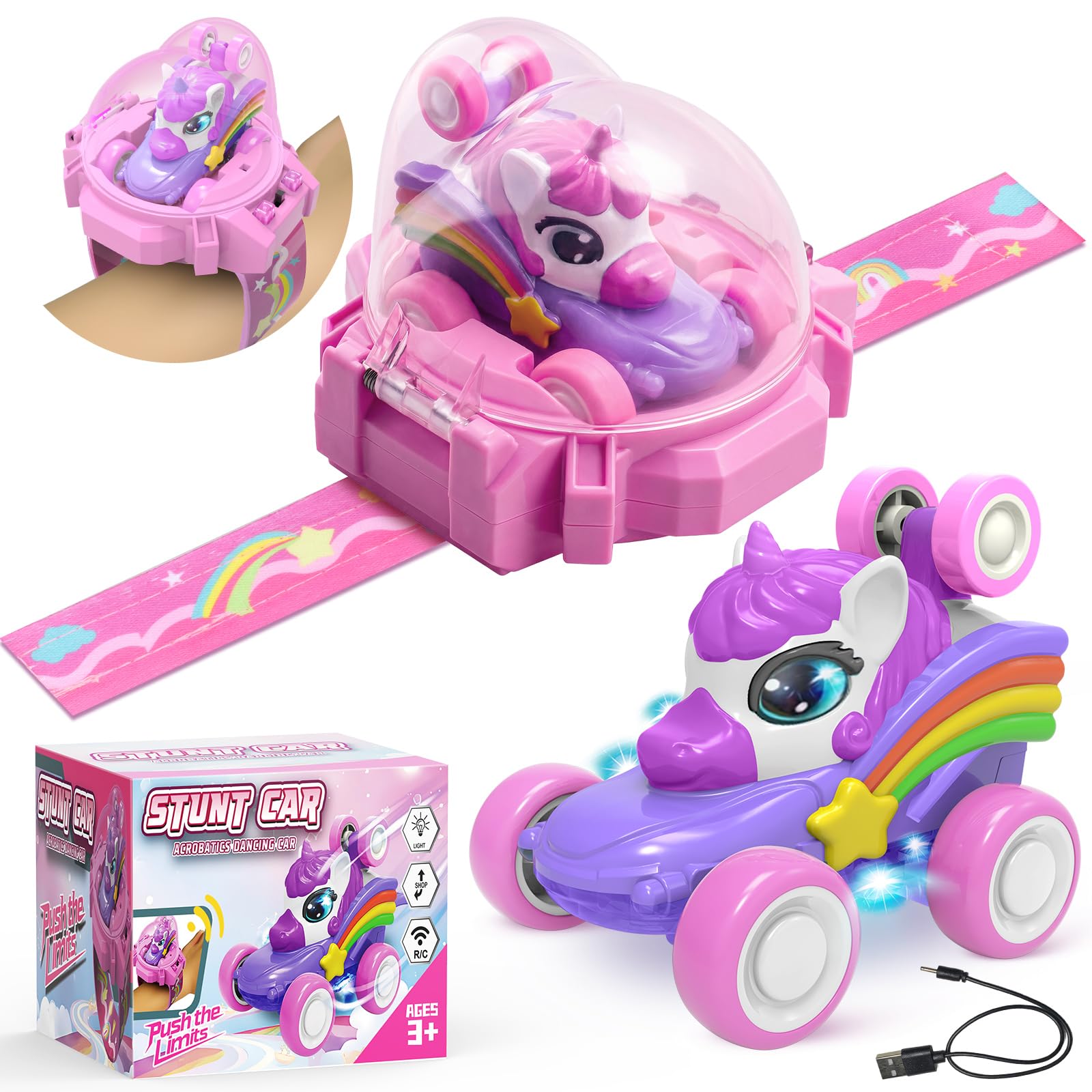 Aooess Toys for 3 4 5 6 7 8 Years Old Girls: Unicorn Watch Remote Control Car for Kids Gifts for Girls Age 3+ Birthday Mini RC Stunt Car with LED Light USB Charging Watch RC Cars for Easter Christmas