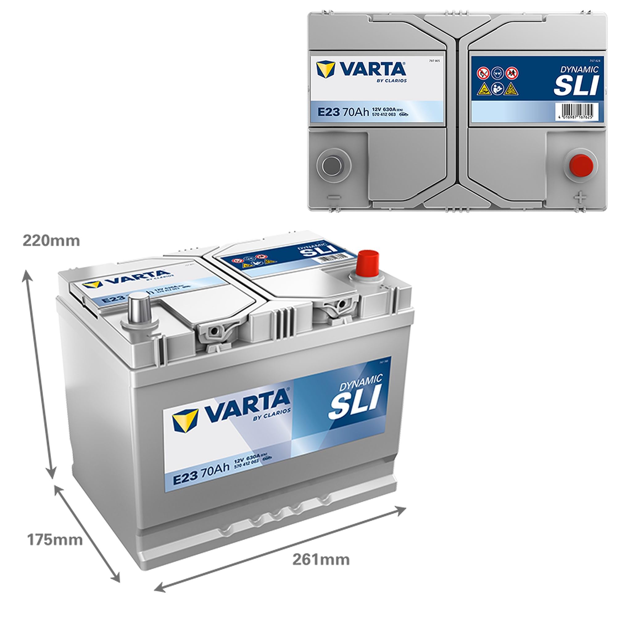 VARTA Automotive DYNAMIC SLI (E23) 12V 70Ah 630A - Batteria auto al piombo-acido per veicoli standard senza start-stop - Batteria di avviamento per fabbisogno energetico base - senza manutenzione