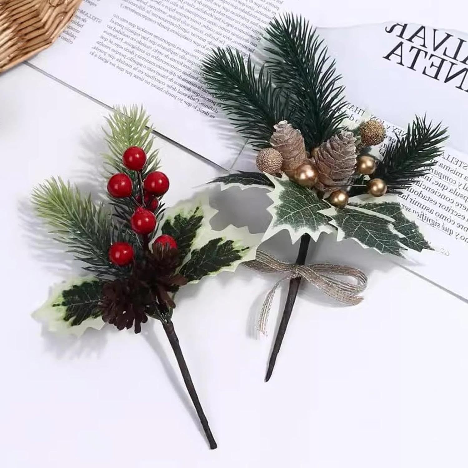 Baies Artificielles De Noël Rouges Et Dorées - 200 Branches, Mousse Et Métal, Pour Déco Sapin, Couronnes