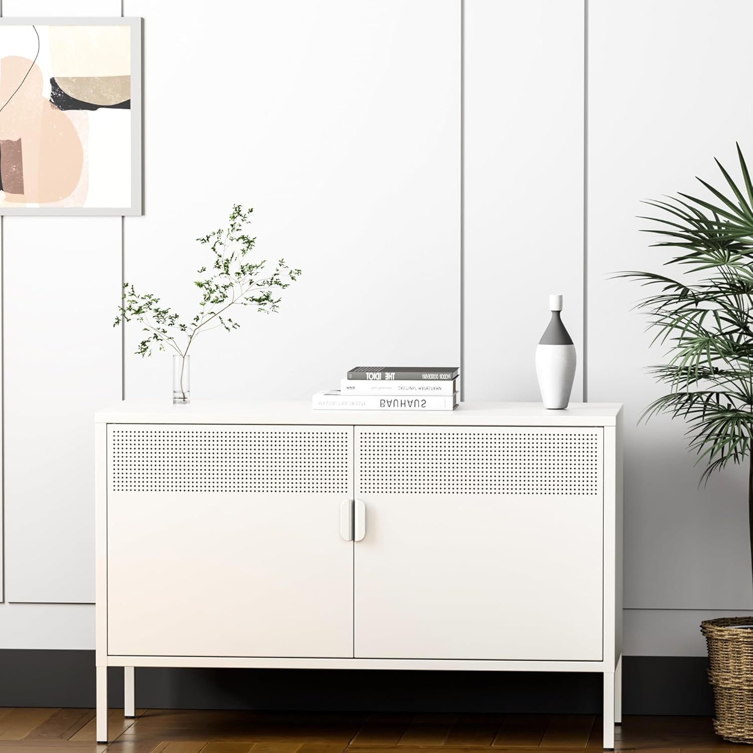 Metal Storage Cabinet with Doors,White Accent Cabinet,Metal Locker Storage Cabinets,2 Door TV Media Stand with Removable Shelves for,Home,Office,Entryway,Living Room White 25.2"Height