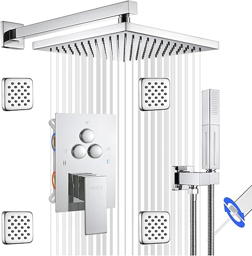 Sistema de ducha cromado de montaje en pared con 4 chorros corporales, accesorios de ducha desviadores de botón con 2 en 1 de mano, cabezal de ducha