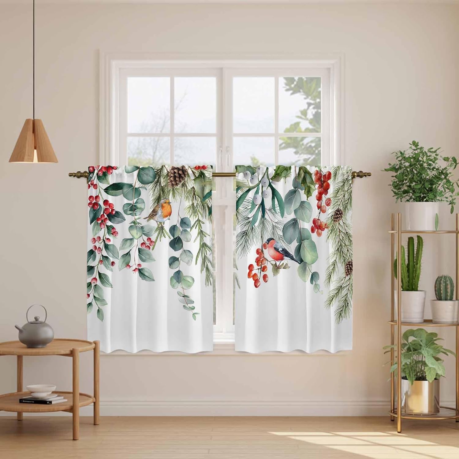 Christmas Eucalyptus Kitchen Tier Curtains 45 Inch Long 2 Panel Set,Rod Pocket Short Window Treatment,Xmas Botanical Weeping Berry Pine Cones Curtains & Drapes for Bathroom Basement 27.5"W x 45"L