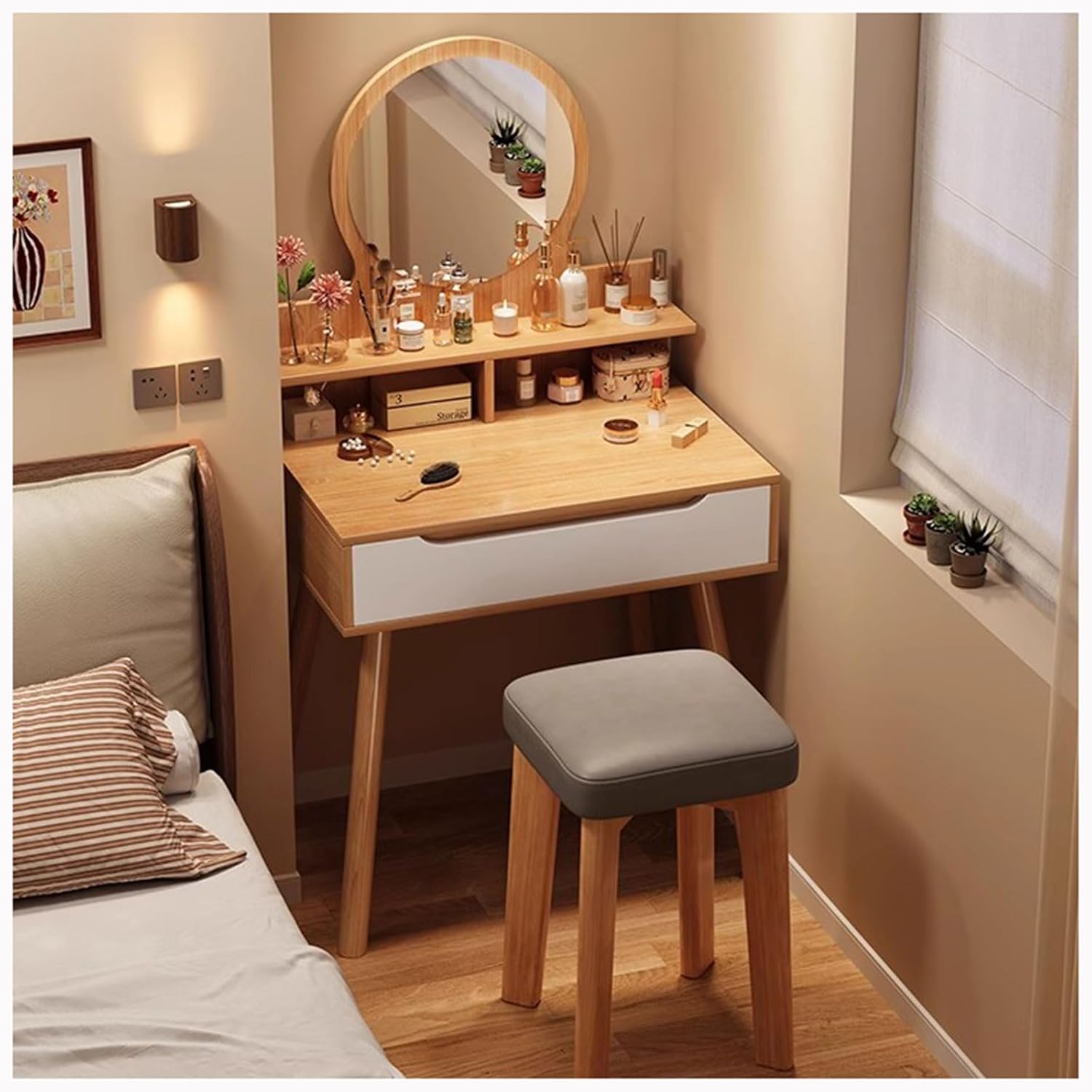 ZTGL Small Makeup Vanity Desk with Lights, Girls Vanity Set with Mirror, Dressing Table with Storage Shelves, Make Up Dresser Table with Drawers for Bedroom Small Space,Oak Color,A2