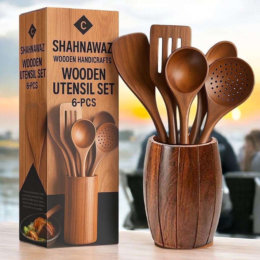 SHAHNAWAZ Handcrafted Teak Wooden Cooking Utensils Set (6-PCS) with Barrel Holder | Non-Scratch, Heat Resistant Spatula & Spoon Kitchen Tools