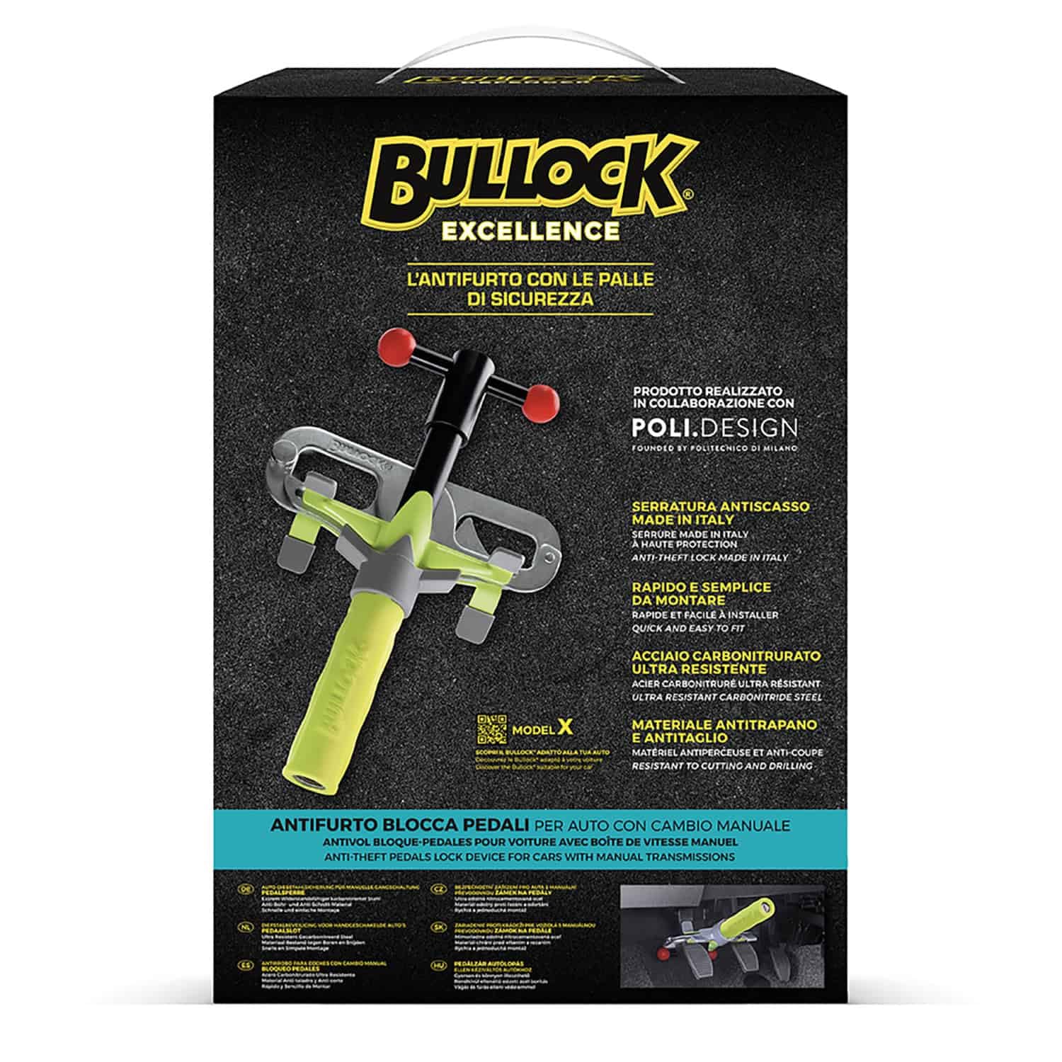 Bullock Excellence Modello X, Antifurto Meccanico per Auto con Cambio Manuale – Protezione Massima, Acciaio Carbonitrurato, Resistente e Facile da Installare, Design Compatto con Sistema Blocca Pedale