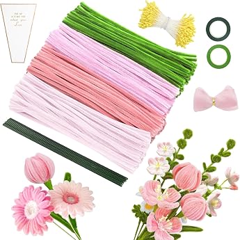 400 Pieces Pipe Cleaners Flower Set 4 Colours Pipe Cleaners for Crafts Flowers Pipe Cleaners Flower Pompoms 20 Pieces Flower Wire 2 Different Stamens Tape Pink