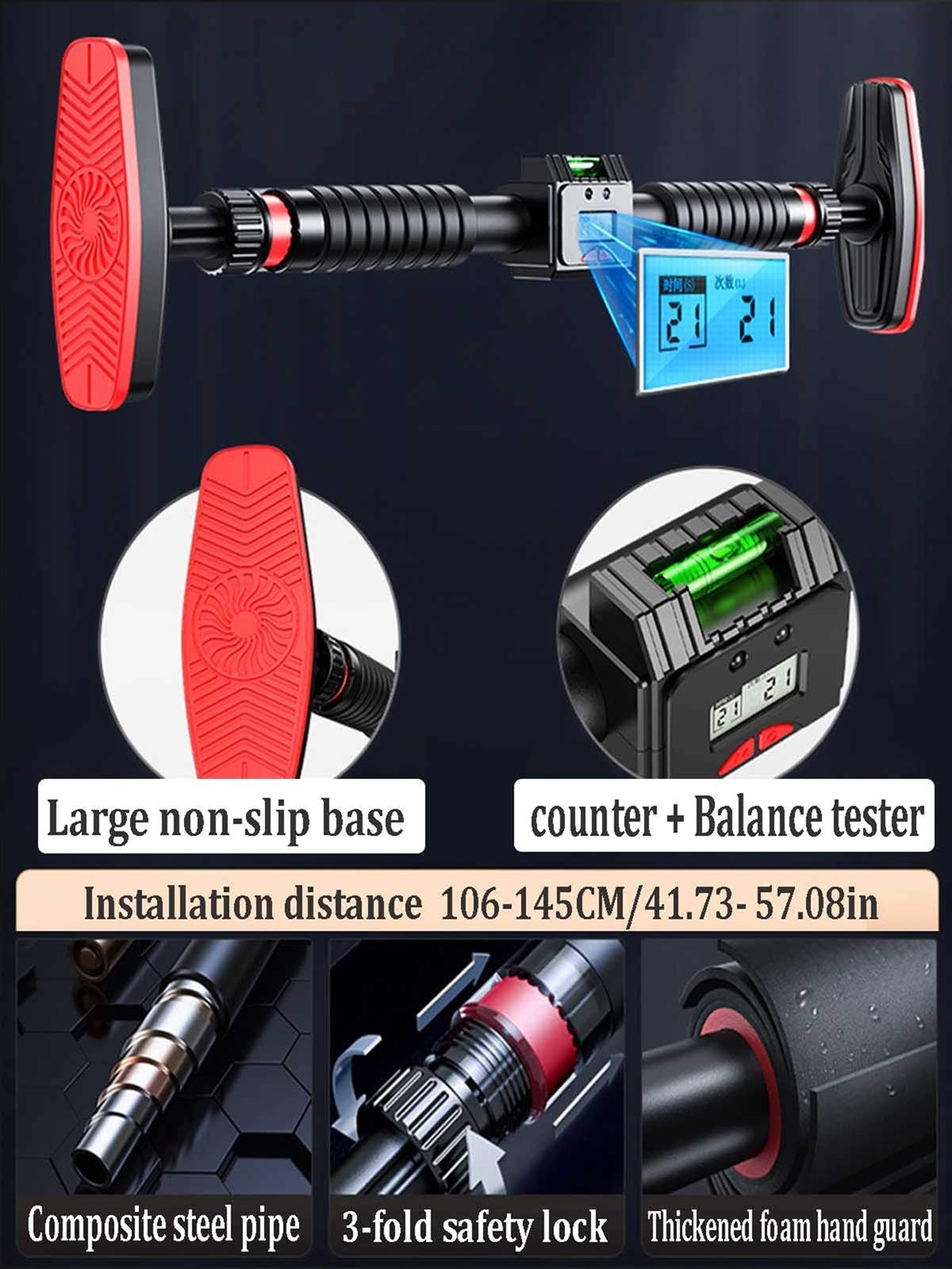 Attrezzature per il fitness Barra orizzontale portatile da parete con anello di sollevamento, barra per trazioni con tester di equilibrio e contatore, sicuro, 106-145 cm, carico 250 kg