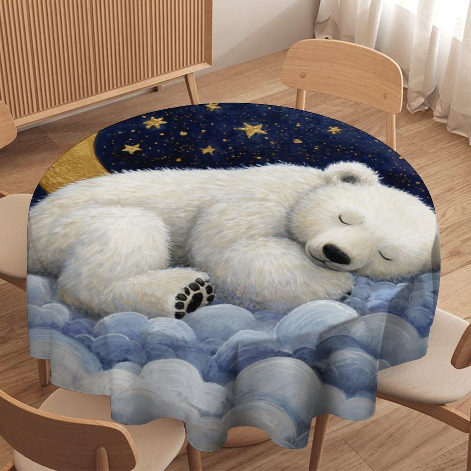 LUYYSKY Cute Funny Polar Bears Waterproof Round Tablecloth Retro Cartoon Moon Galaxy Starry Sky Clouds Animals Polar Bear Washable Table Cover for Kitchen-177.8" Wx177.8 L cm