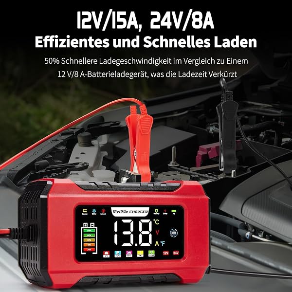 Marke: HAUSPROFI HAUSPROFI 15A Autobatterieladegerät 12V/24V mit Reparaturmodus & Erhaltungsladung, 9-Stufen-Ladung, LCD-Display für Auto, LKW, Motorrad, Boot - Kompatibel mit Blei-Säure, AGM, EFB, LiFePO4 Batterien in use