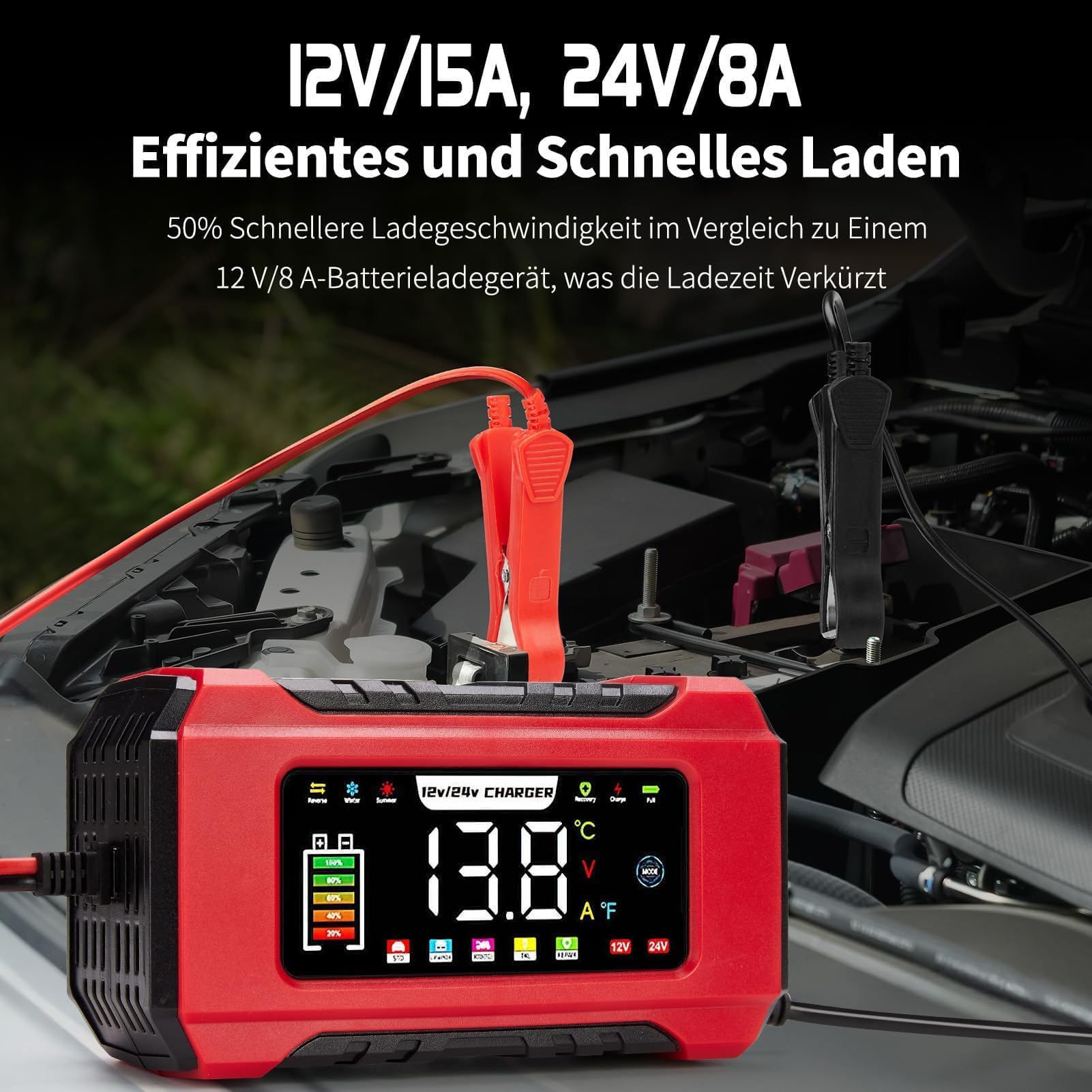 Marke: HAUSPROFI HAUSPROFI 15A Autobatterieladegerät 12V/24V mit Reparaturmodus & Erhaltungsladung, 9-Stufen-Ladung, LCD-Display für Auto, LKW, Motorrad, Boot - Kompatibel mit Blei-Säure, AGM, EFB, LiFePO4 Batterien in use