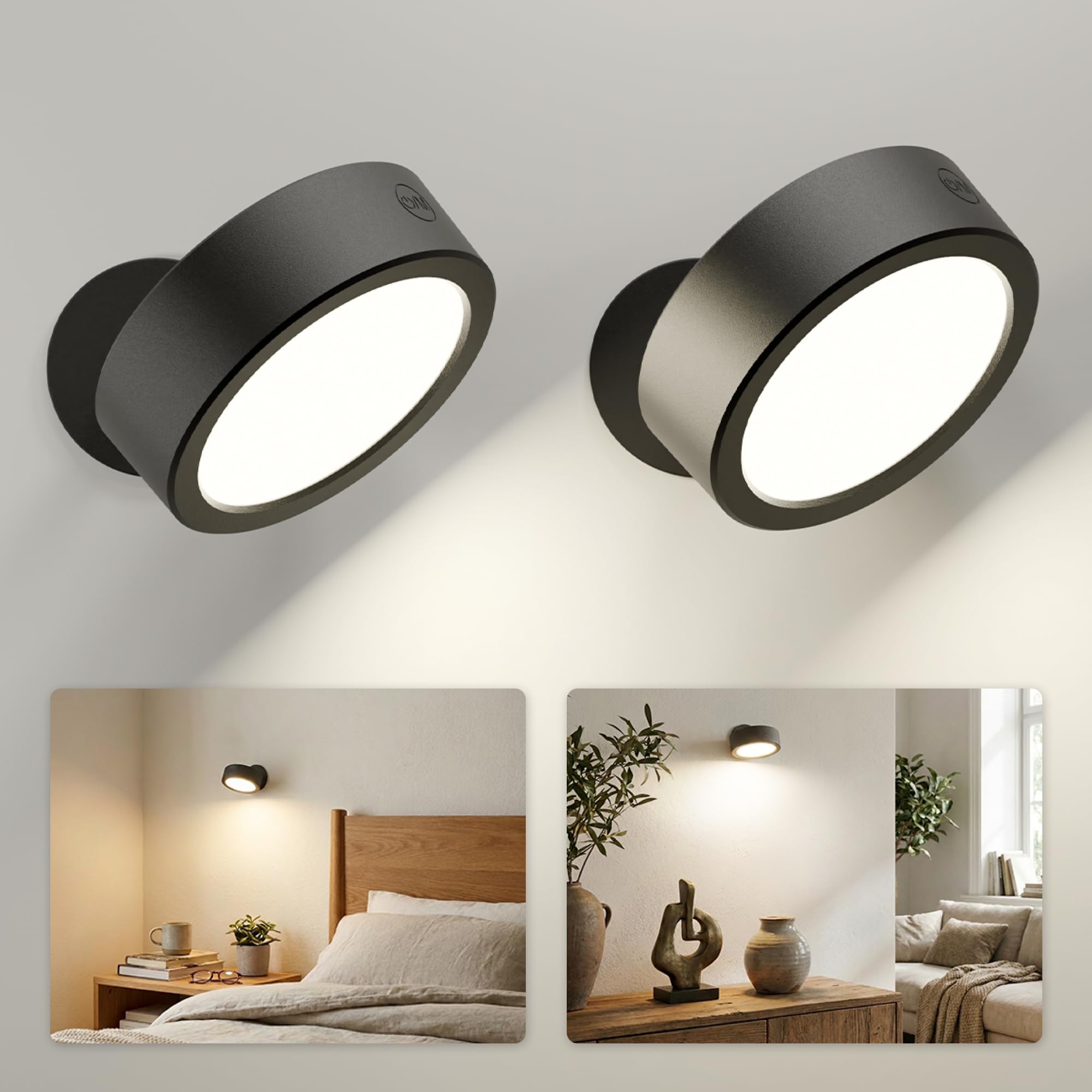 EZVALO Applique Murale Sans Fil Intérieure Rechargeable,5500mAh,LED à Intensité Réglable,3Températures de Couleur,Rotation à 360° et Commande Tactile pour Salon,Chambre,Chevet,Couloir, Noir (2 Pièces)