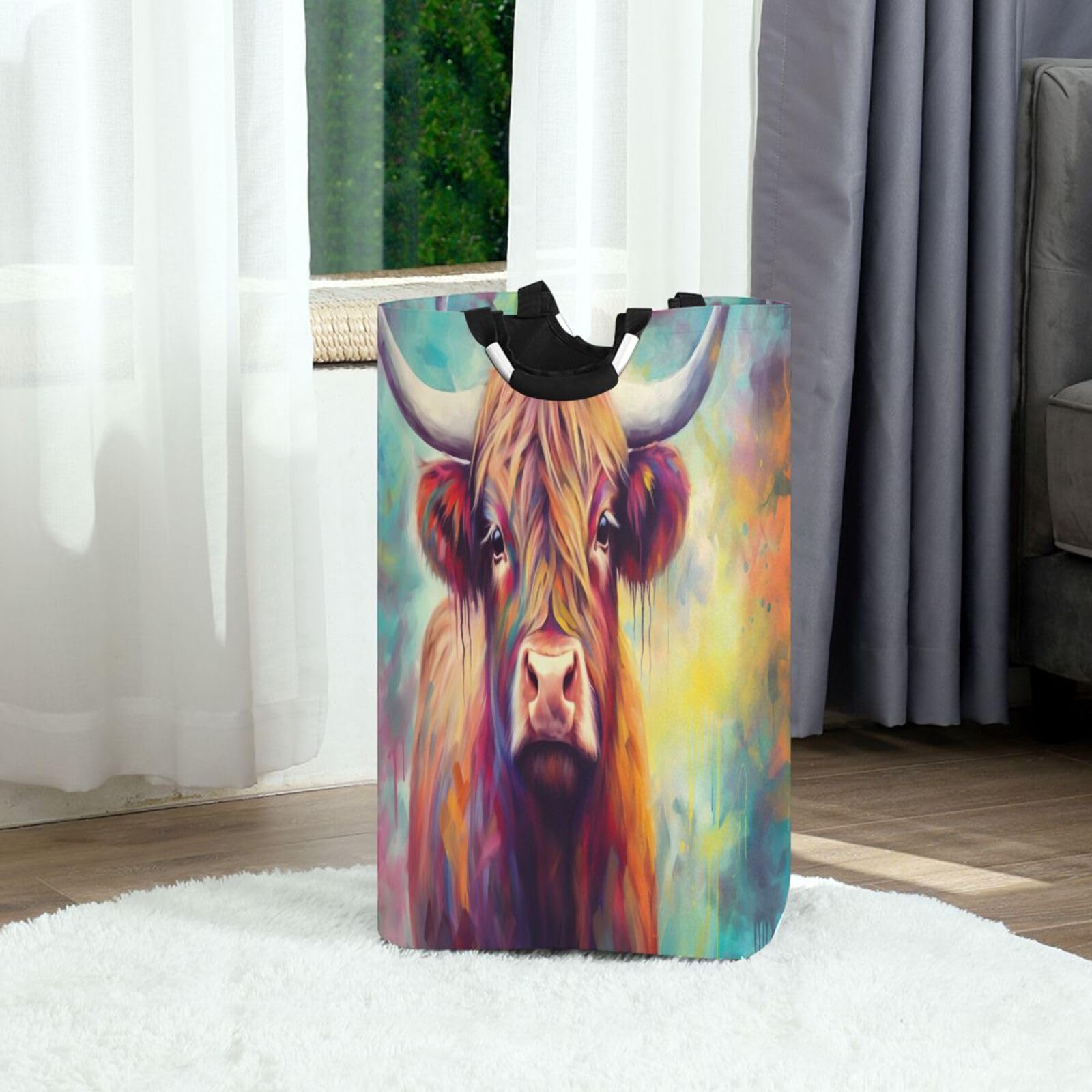 Jihqo Laundry Hamper Basket Cow Painting Collapsible Nursery Storage Bin Waterproof Clothing Baskets for Home Bedroom Bathroom Washing Room