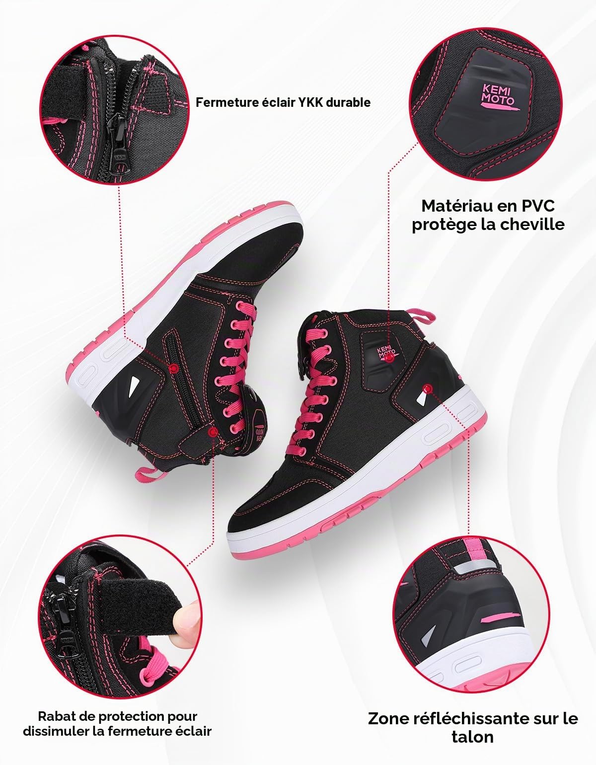 KEMIMOTO Chaussures de Moto Femme, Bottes Moto Respirantes avec Renfort Changement de Vitesse, Chaussures de Sport Antidérapantes avec Maintien de la Cheville et Détails Réfléchissants