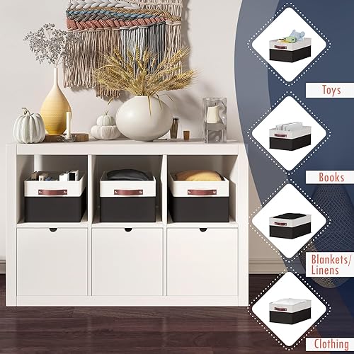 Miniatura 3 de Paquete de 3 canastas plegables rectangulares con asas de piel sintética, cesta de almacenamiento grande de tela plegable, organizador de armario y