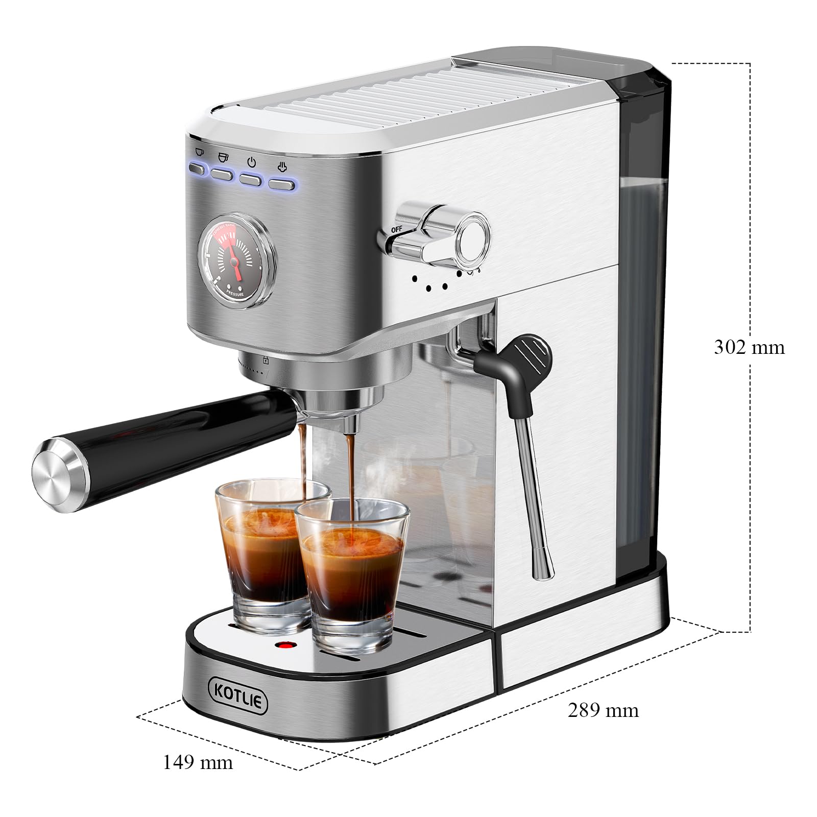 KOTLIE CM5080 Macchina per Espresso, Macchine per Cappuccino Con Montalatte e Manometro Visivo,20 Bar,1350 W,1 L Rimovibile Serbatoio