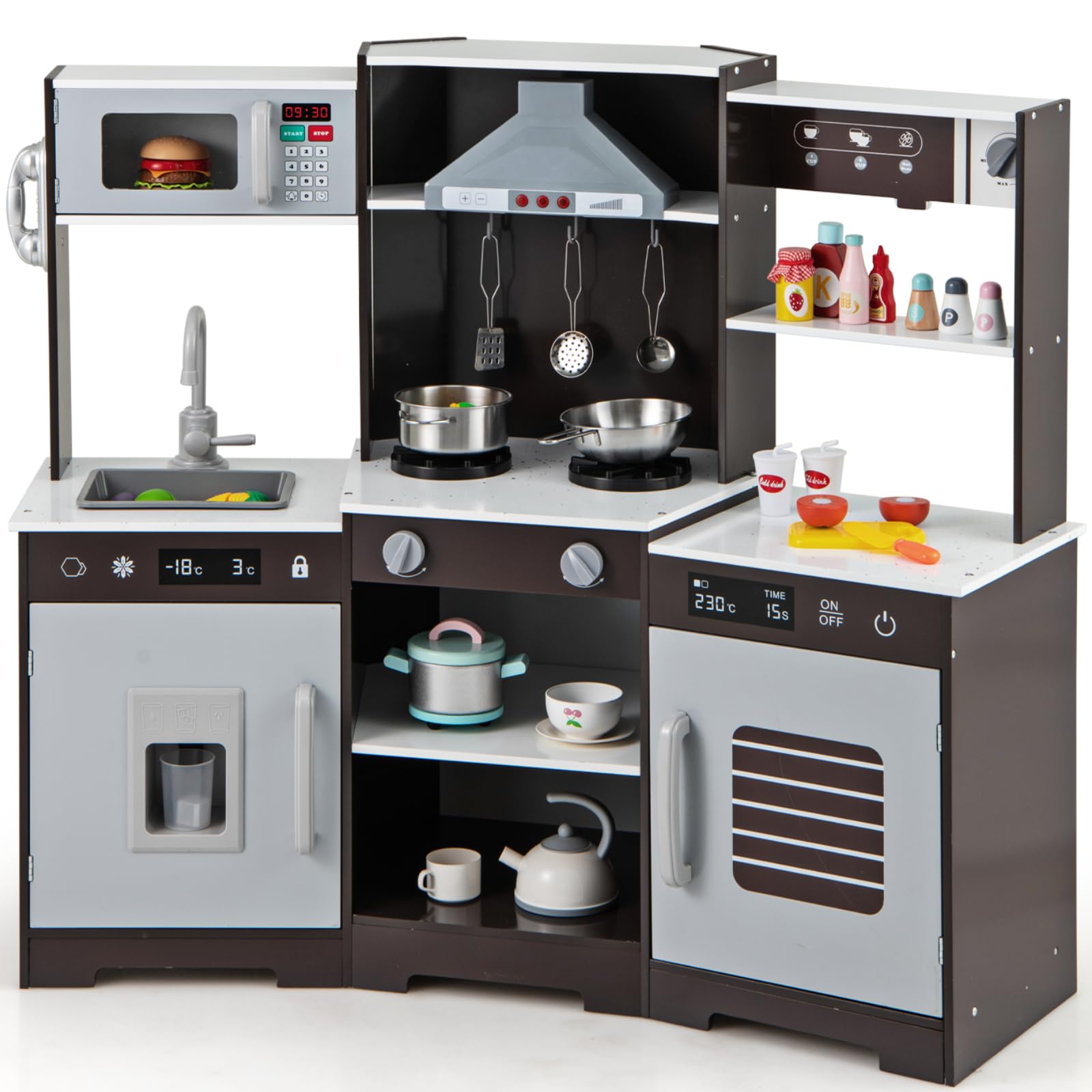 GYMAX Kids Corner Kitchen, Wooden Play Kitchen with Stoves, Range Hood, Ice Maker, Sink, Coffee Maker, Microwave, Oven, Telephone, Utensils, Sounds & Lights, Toy Kitchen for 3 + Years Old (Brown)