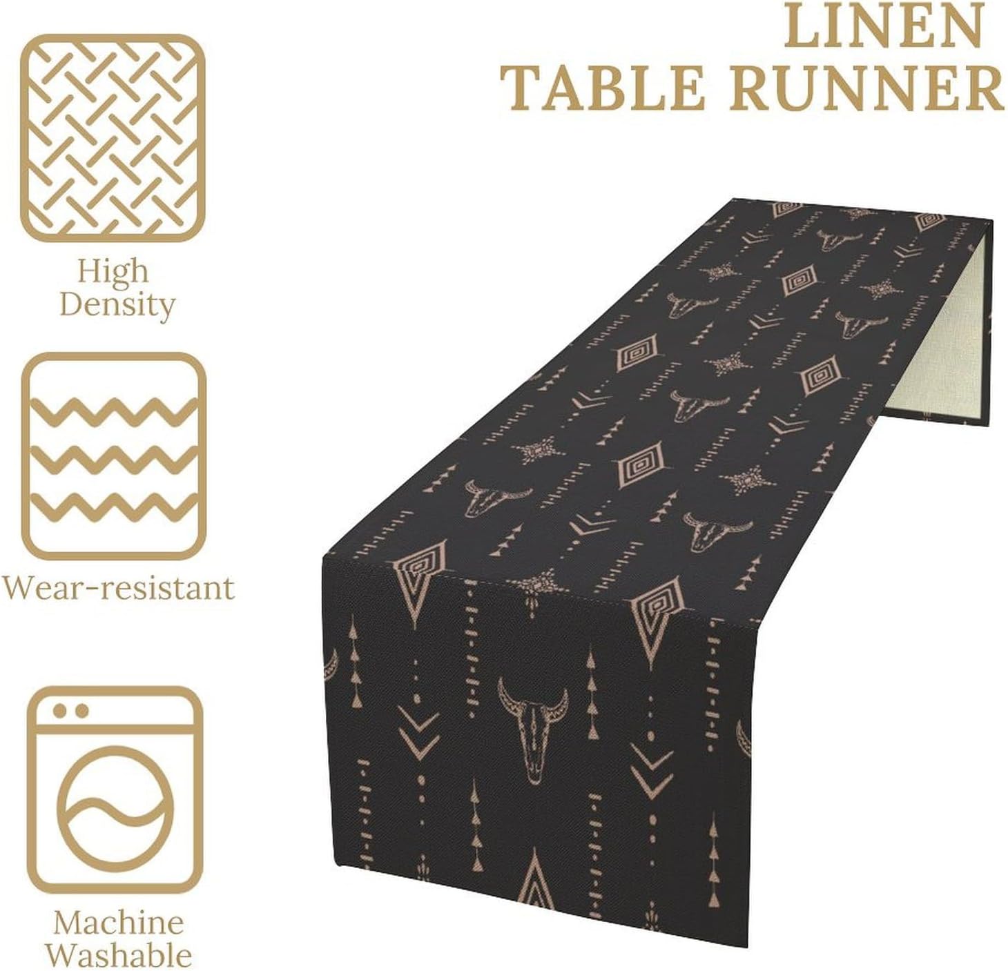 Western Cow Skull Table Runner,Vintage Western Boho Style Aztec Cow Ethnic Background Minimalist Pattern Printed Linen Table Runner for Home Kitchen Dining Table Decoration,13x120 Inch