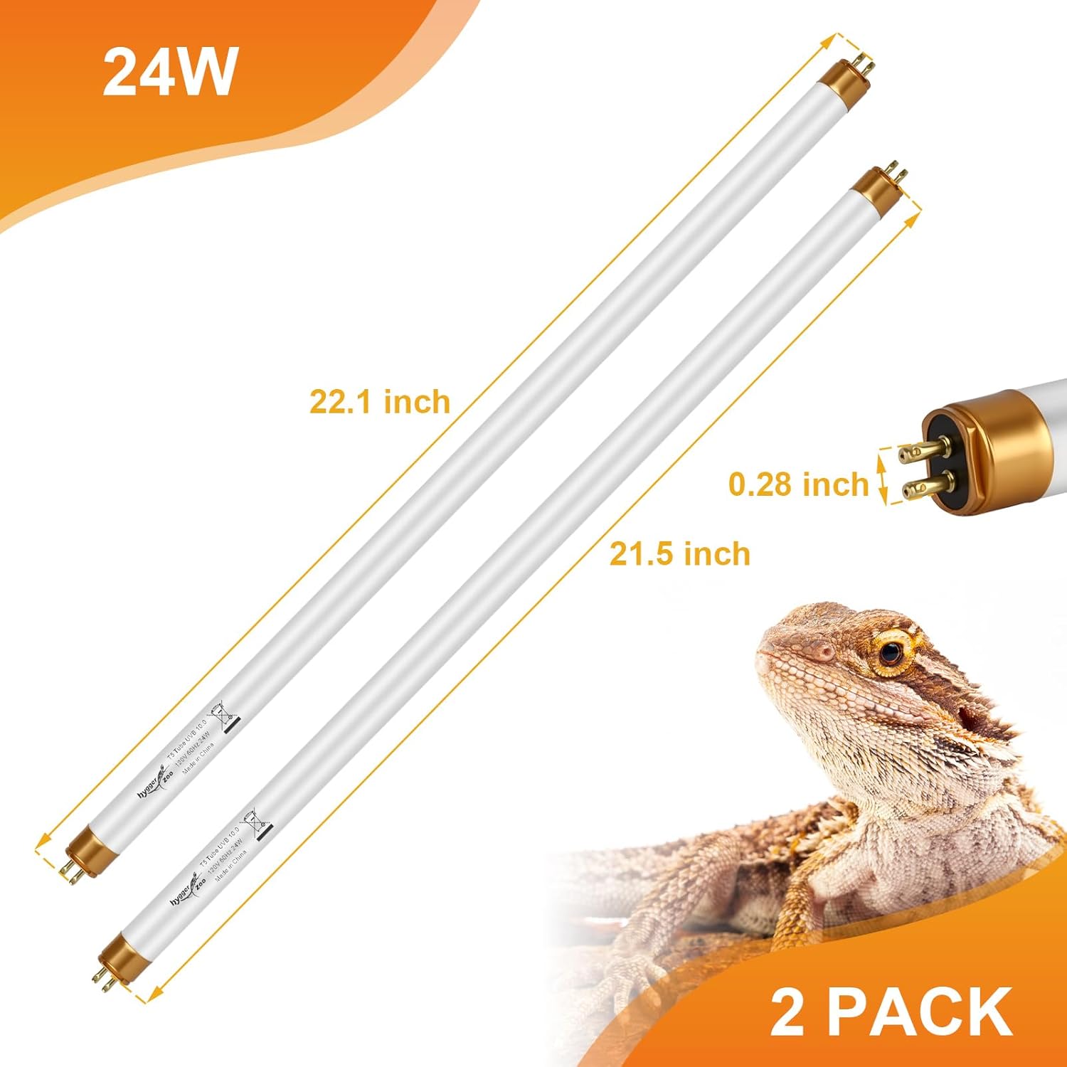 UVB Light for Reptiles Bearded Dragon, 2 Pack T5 UVB Reptile Light UVB Bulb 10.0 24W UVA UVB Reptile Light Bulb Terrarium Light Lamp Tube for Turtle Chameleon Leopard Gecko Snake Tank, 22 Inch