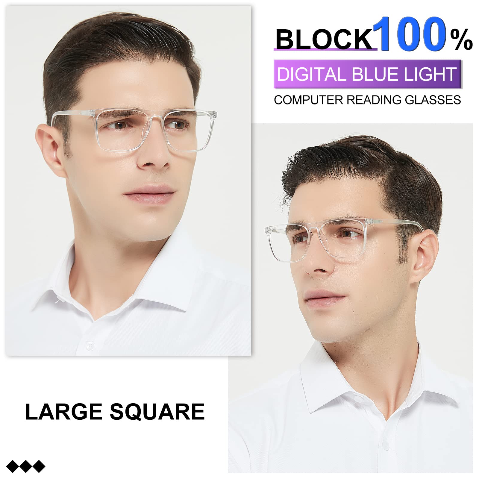MARE AZZURO Blue Light Blocking Reading Glasses Men Large Square Computer Readers 100 125 150 175 200 225 250 275 300 350 (Transparent 125)