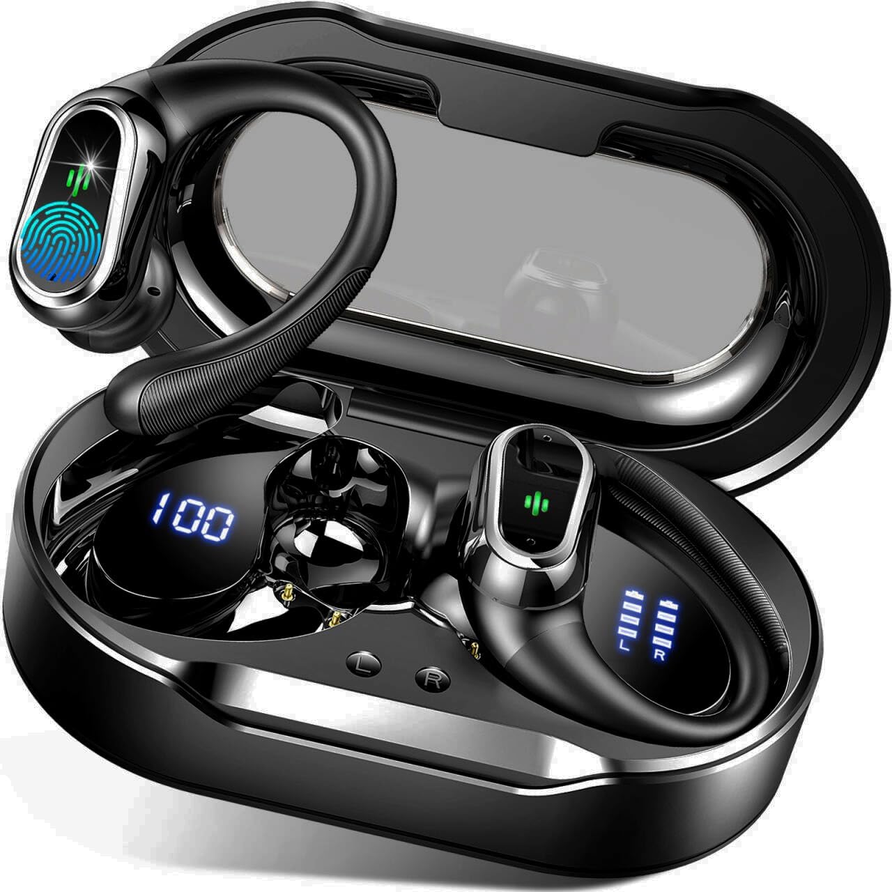 Wireless Earbuds, 2025 Bluetooth 5.4 Headphones Sport, Bluetooth Earbuds with ENC Noise Canceling Mic, 51H Stereo Wireless Headphones IP7 Waterproof with Earhooks, Dual LED Display for Workout/Running