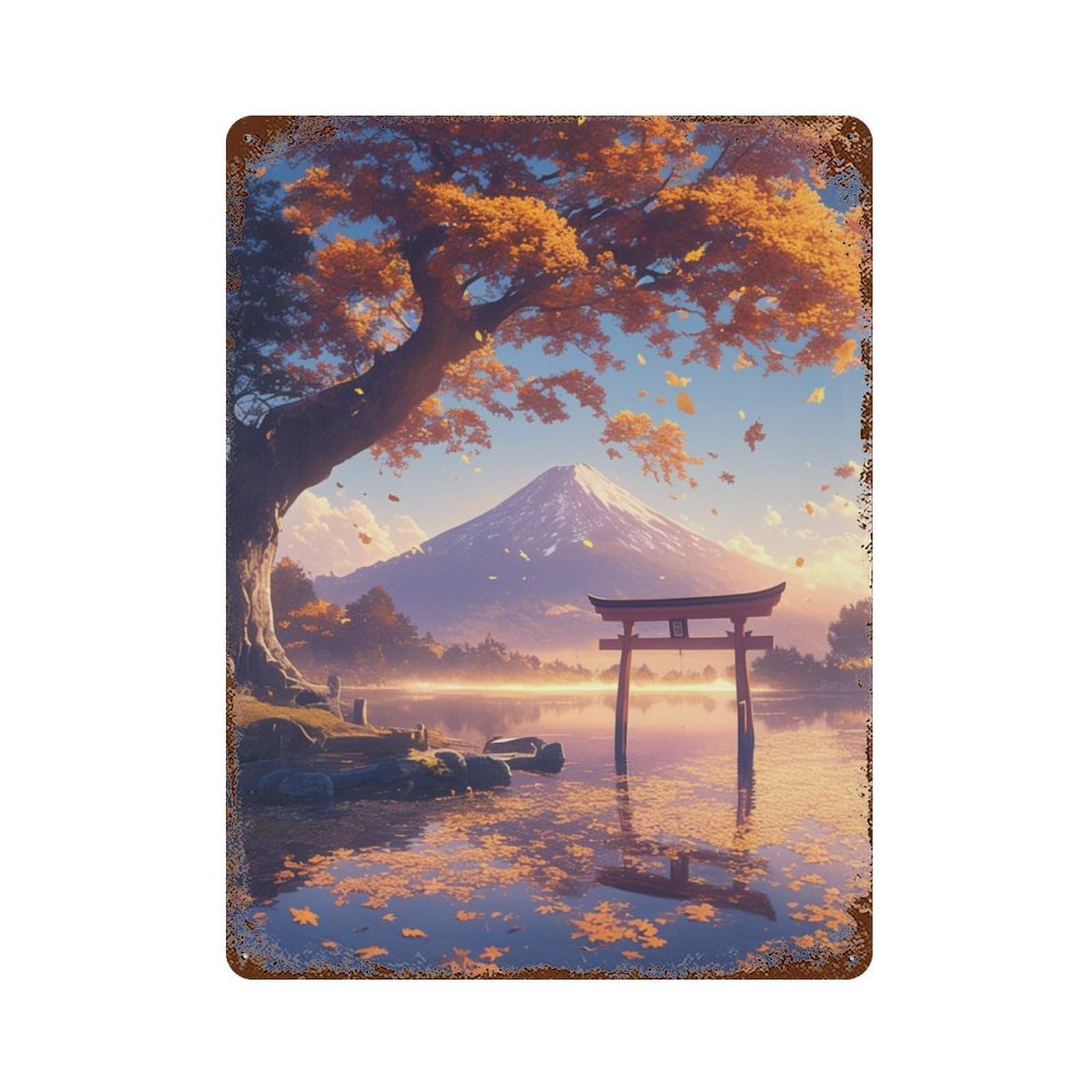 Japanese Autumn Landscape with Torii Gate Rust Effect Tin Sign 15.7"x11.8", Vintage Wall Decor for Pub, Kitchen And Man Cave Decor