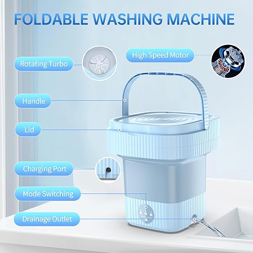 Miniatura 5 de Lavadora portátil, mini lavadora de alta capacidad de 10 litros con 3 modos de limpieza de tiempo, pequeño cubo de lavandería plegable para
