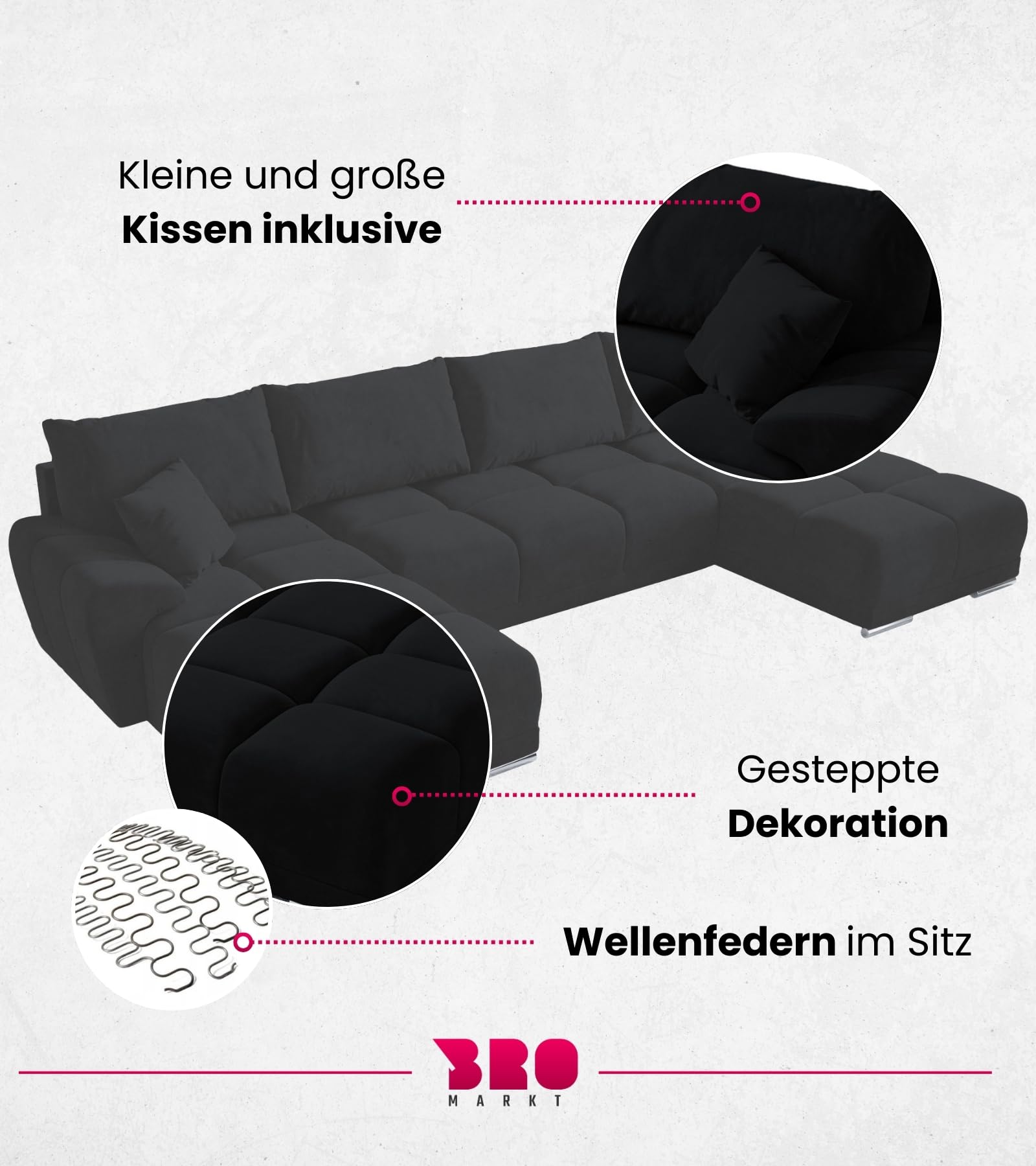 BROMARKT Ecksofa mit Schlaffunktion und Bettkasten 372x184x85 cm Sofa Eckcouch Wohnlandschaft U Form Couch Bettsofa siebensitzer Schlafsofa NUBES U Graphit