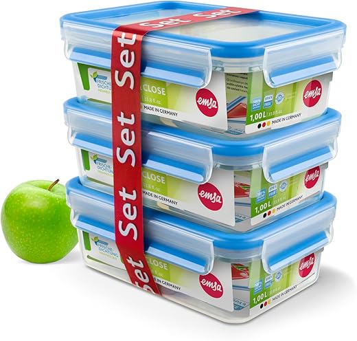 Emsa Clip&Close Set of 3 Rectangular Plastic Airtight Preservatives, 1 L (18.8 x 5.8 x 12 cm), Hygienic, Does Not Retain Odors or Flavors, Baby Care Certification, Transparent and Blue