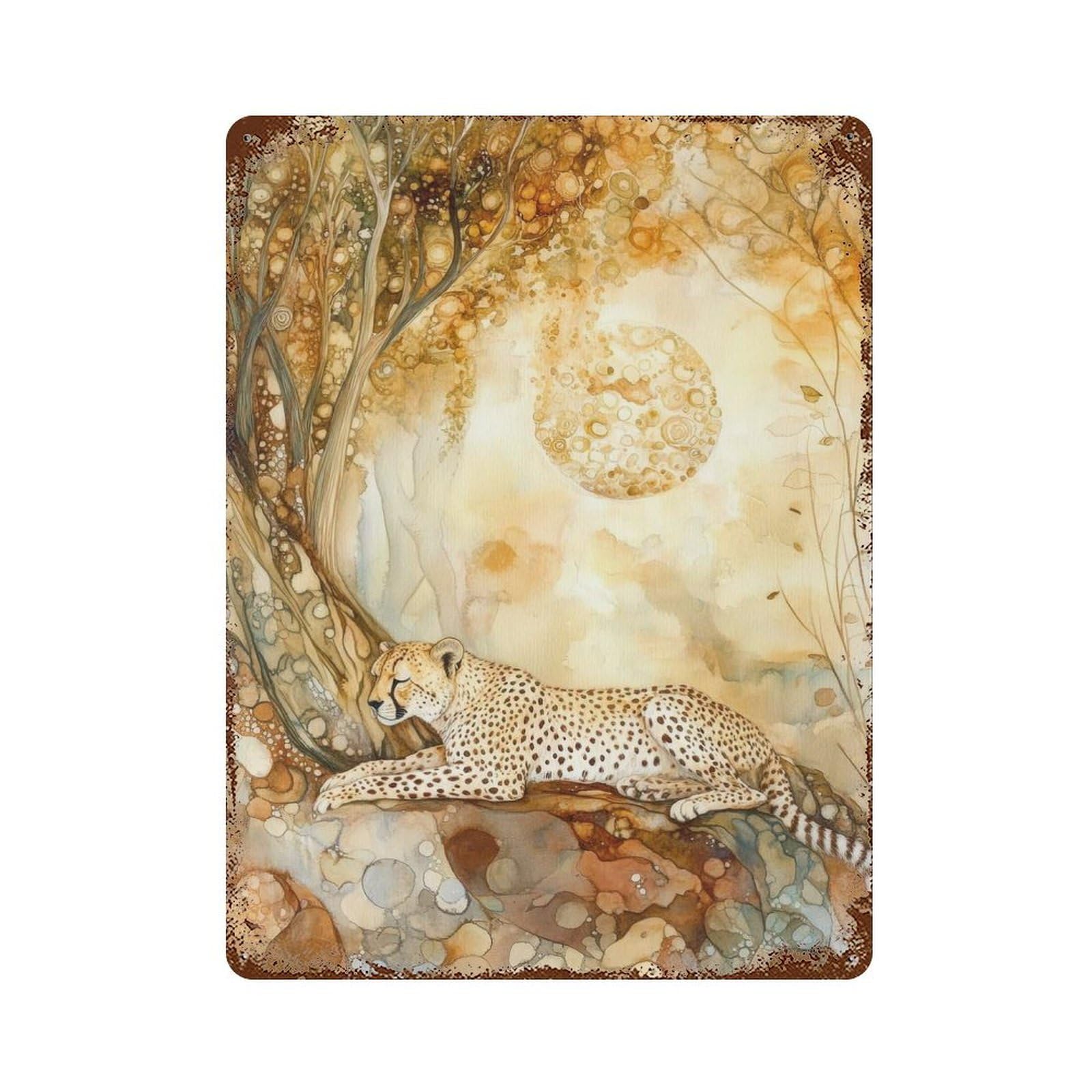 Vintage Rust Metal Sign Cheetah Under A Golden Moon 15.7"x11.8", Decorative Metal Wall Art for Basement, Hobby Room And Garage Decor