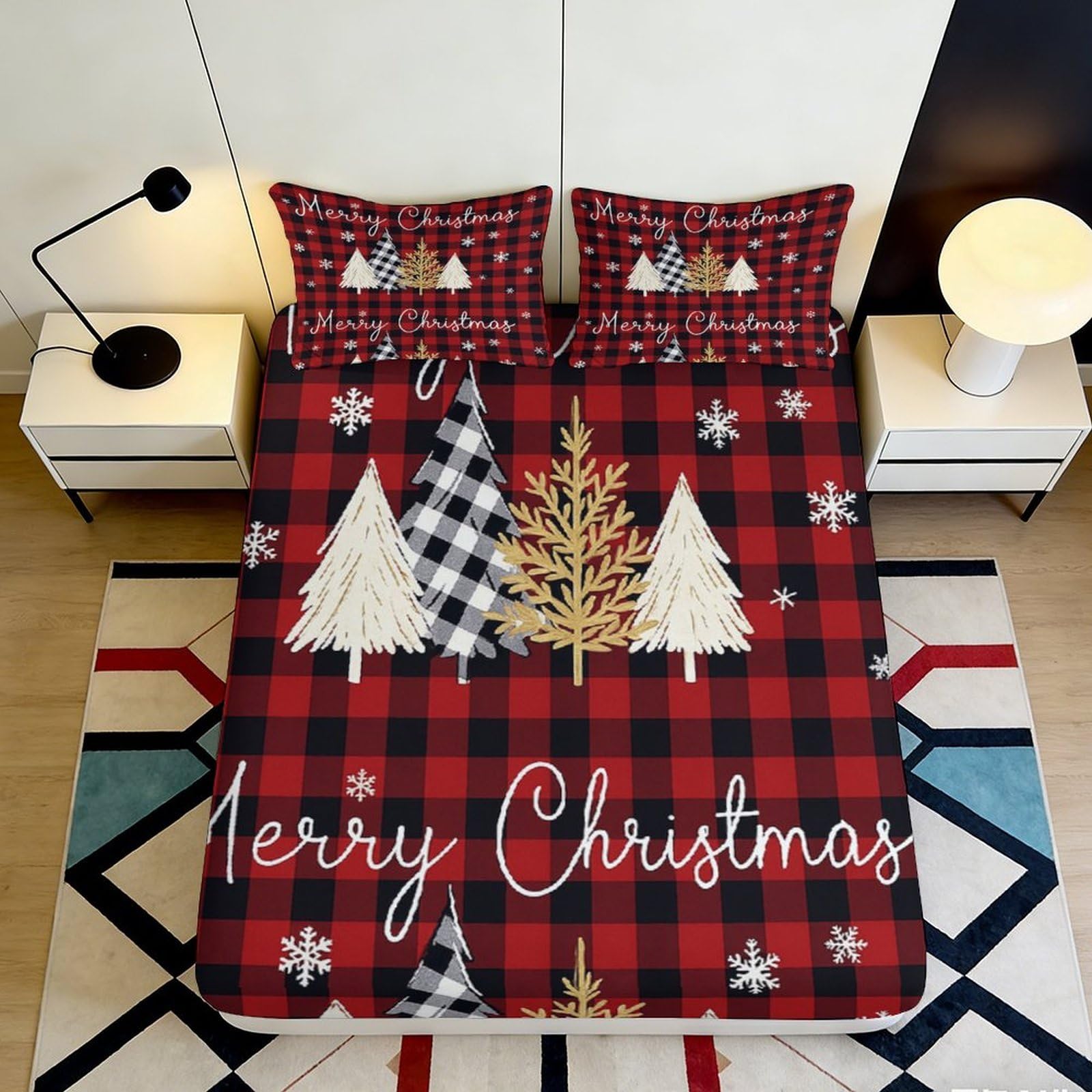 3D Printed Red Plaid Christmas Tree Fitted Sheet Microfiber Snowflake Bed Cover for Bedroom Guest Room Mattress Decor 90x200x25cm