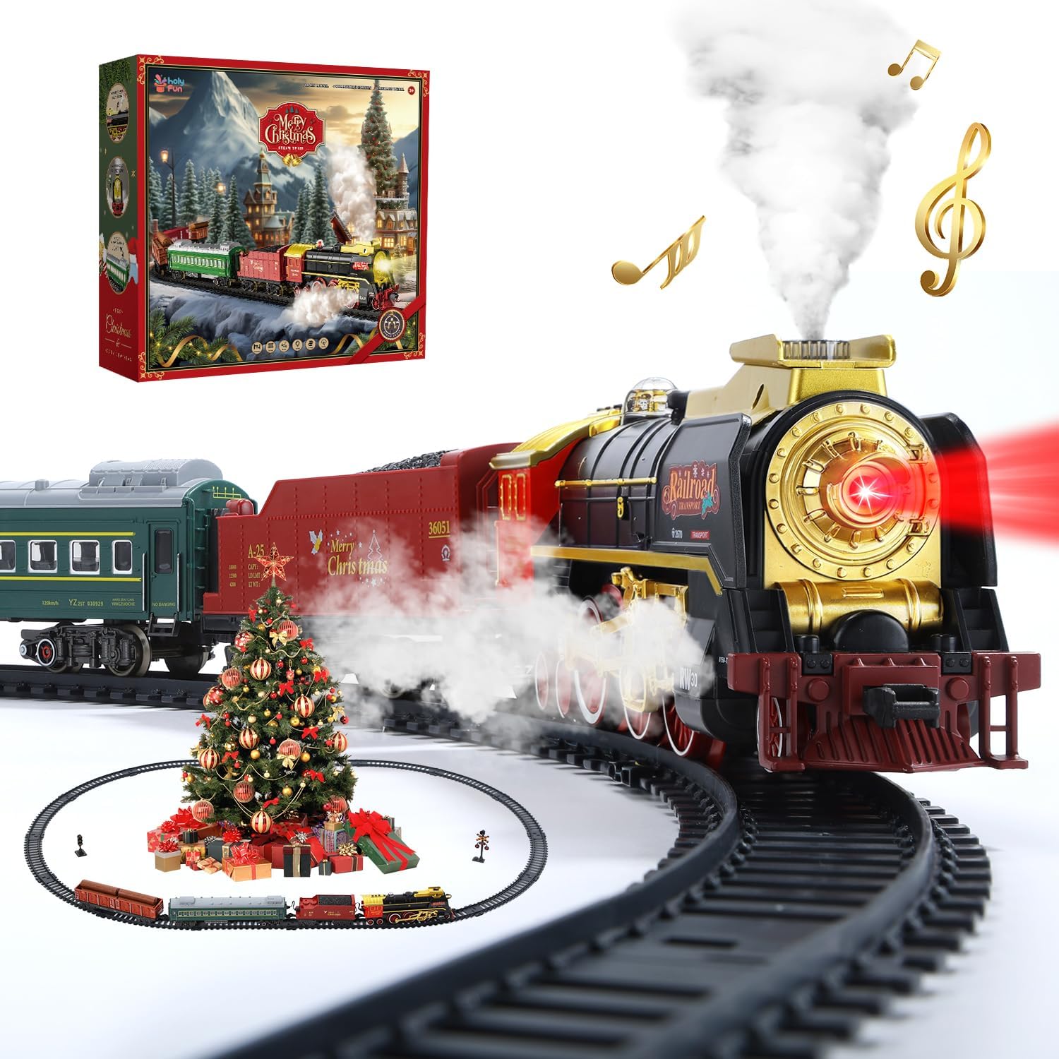 Electric Train Set with Smoke, Sound and Lights, Train Track Toy with Glowing Passenger Carriages for Toddlers and Kids, for Boys and Girls