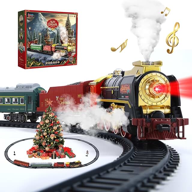 Electric Train Set with Smoke, Sound and Lights, Train Track Toy with Glowing Passenger Carriages for Toddlers and Kids, for Boys and Girls