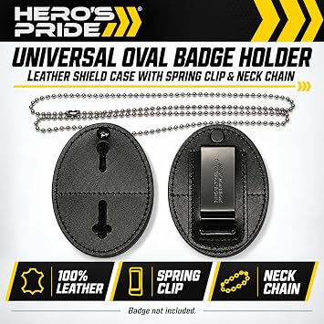 Hero's Pride Universal Oval Badge Holder, Standard Issue Leather Shield Case, Spring Clip and Neck Chain, Hook Fastener, 2-5/8 x 3-5/8 (Badge Not Included)