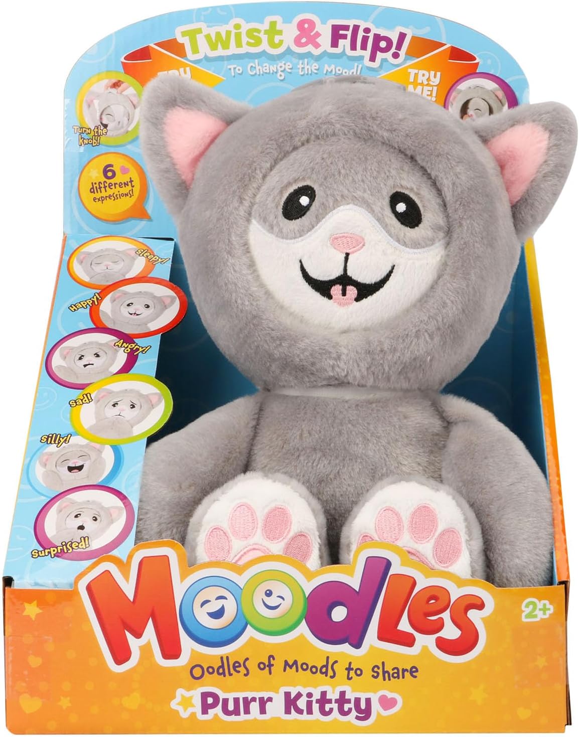 Moodles Purr Kitty Plush Cat 12” with 6 Facial Expressions to Show Your Mood, Soft Sensory Fidget Stuffed Animal, Gift for Toddler and Kids 2+