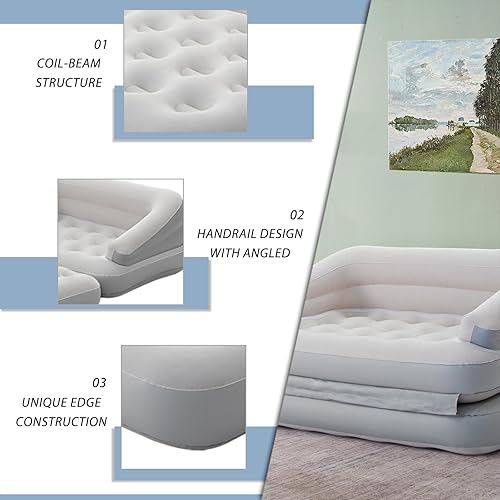 Miniatura 5 de RAPTAVIS Sofá cama inflable para camping, flotador de piscina, colchón flocado al aire libre con reposabrazos, tamaño matrimonial