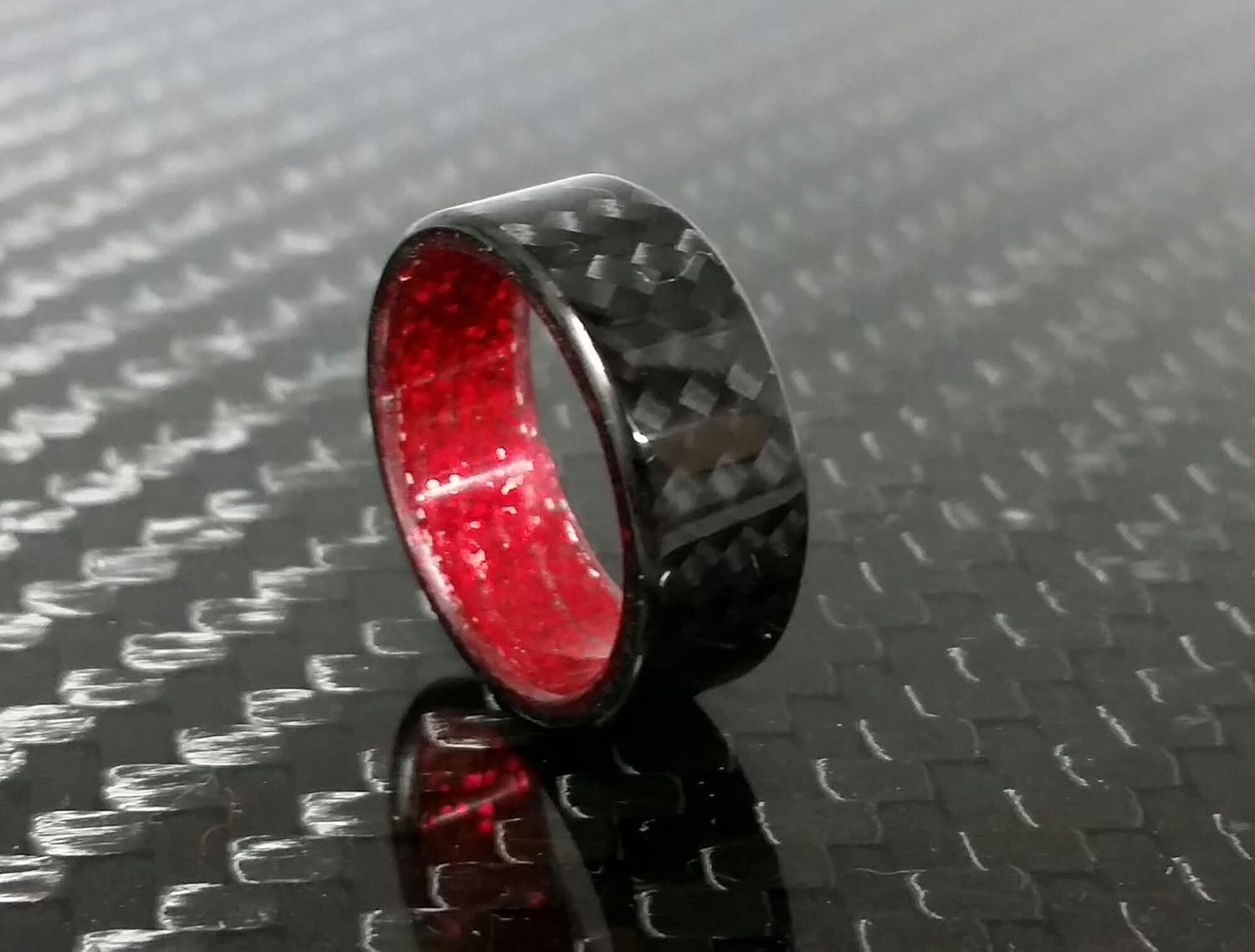 Handmade Ring Band - Men's or Women's Carbon Fiber Twill Ring with Red Sparkle Interior, Matte or High Gloss Finish, Durable, Waterproof, Sizes 4-16, Custom Band Widths
