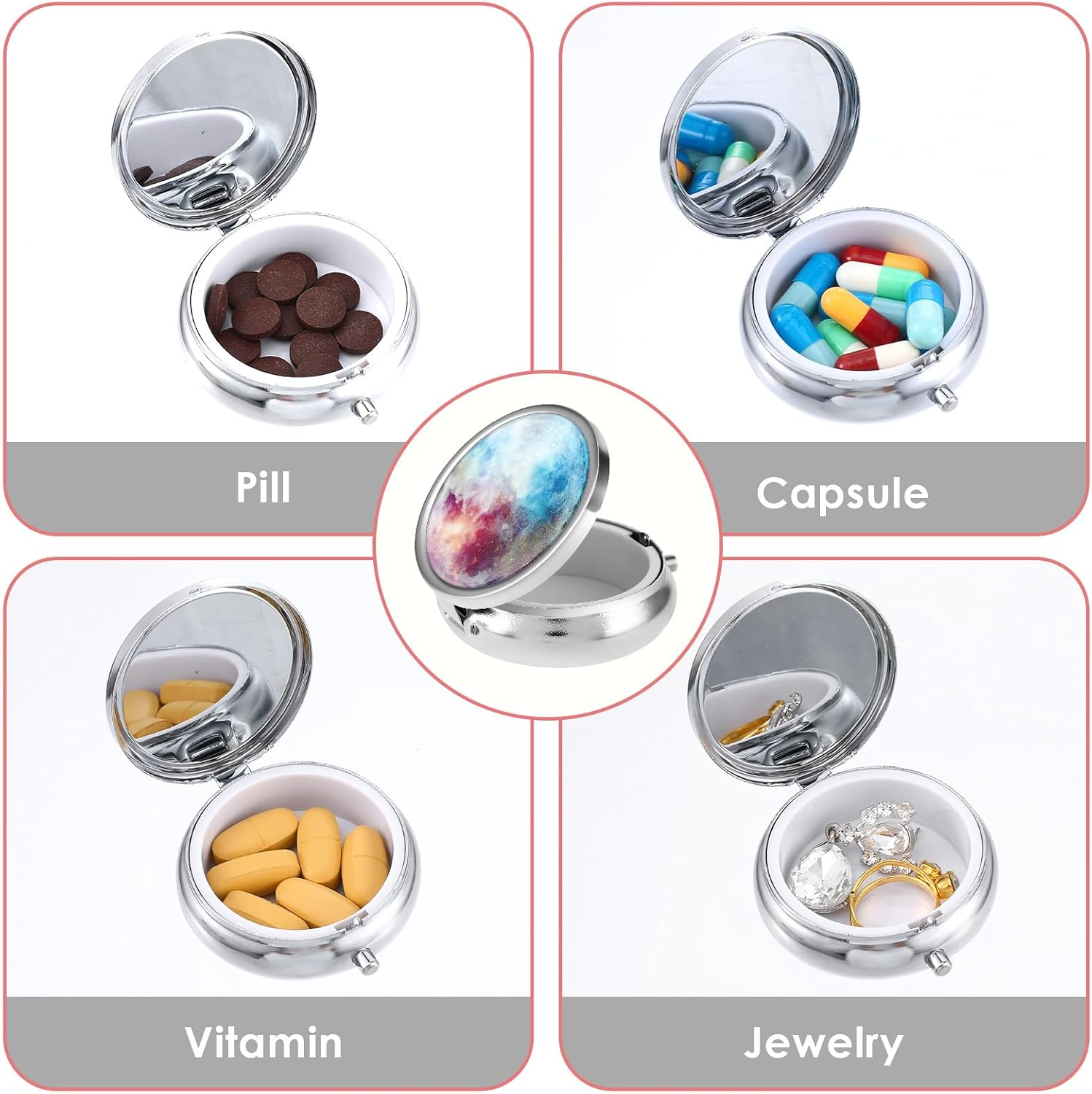 Pill Box, 2 Pcs Compartment Small Pill Case Pocket Medicine Organizer Metal Pill Container Holder for Vitamins, Medication, Fish Oil and Supplements