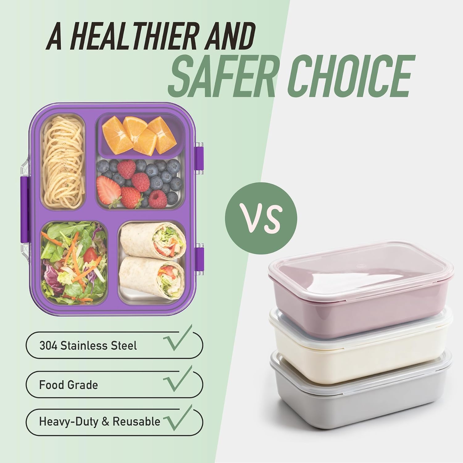 Stainless Steel Bento Box for Kids with Silicone Container, 4 Compartment Metal Lunch Box Kids Adults, Removable Silicone Seal & Clear Lid, Leak Proof Food Storage Container for Meal (Purple) image 5