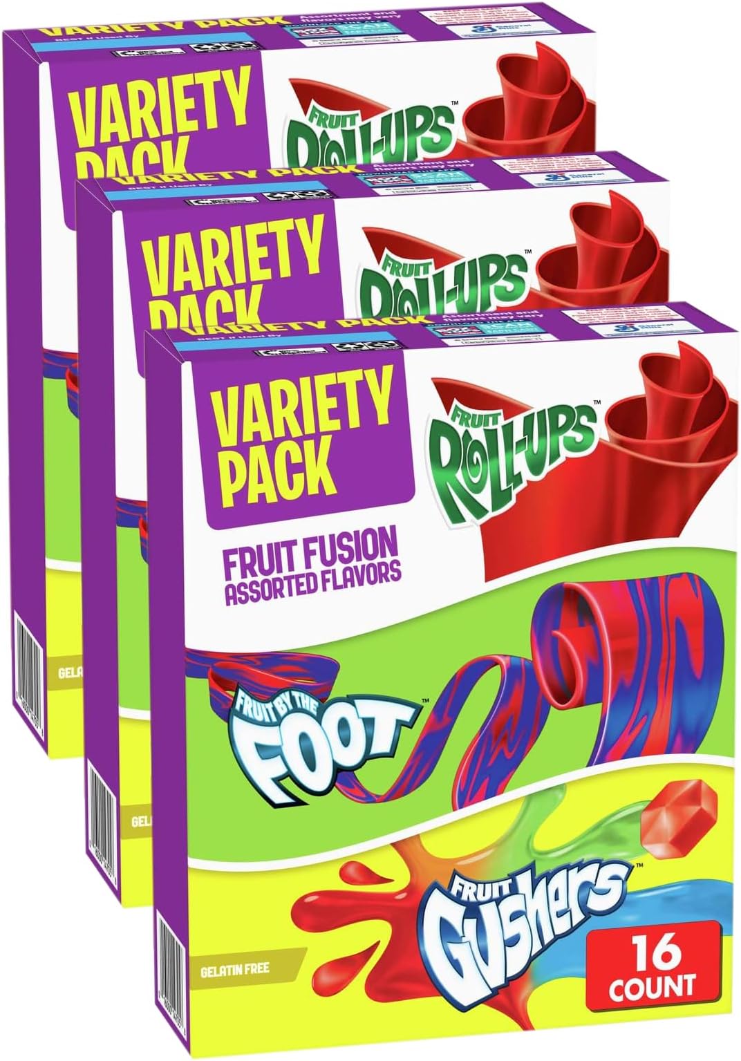Fruit Roll-Ups, Fruit by the Foot, Gushers, Snacks Variety Pack, 16 ct (Pack of 3)