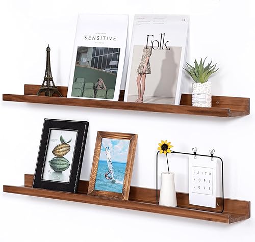 Miniatura 14 de Estantes flotantes negros de 36 pulgadas para marco de fotos moderno para pared, estantes de repisa para cuadros con borde, estantes de madera