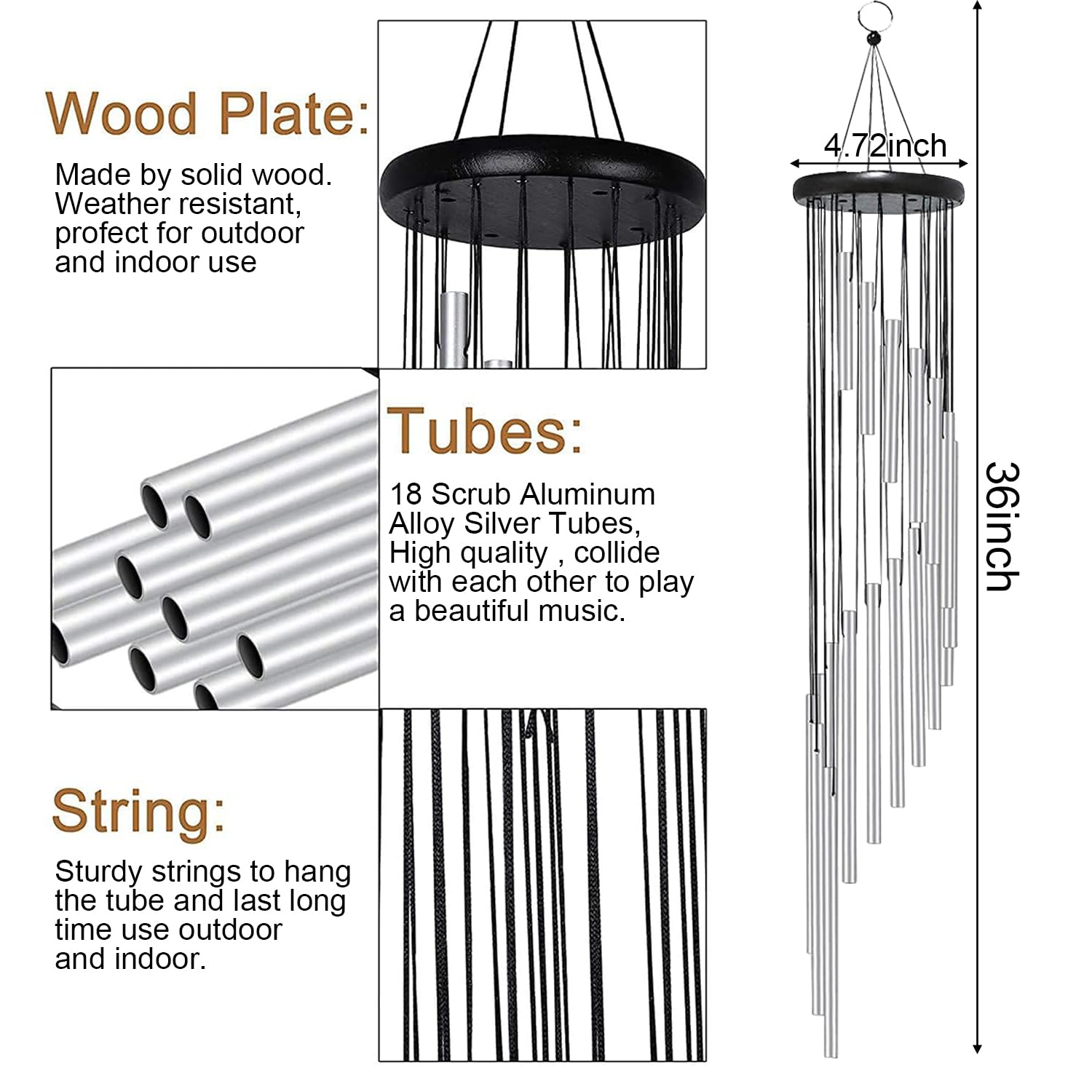 Windspiel, 18 Rohre aus Aluminiumlegierung für Garten, dekoratives Windspiel für drinnen und draußen, hängende Windspiele für Zuhause, Metall-Windspiele für Heimdekoration, Geschenk (Silber)