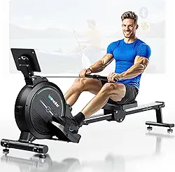 WENOKER Máquina de remo, máquina de remo magnética para casa, resistência silenciosa atualizada de 32 níveis com botão eletrônico inteligente, capacidade de peso de 158 kg, máquina compacta de reboque