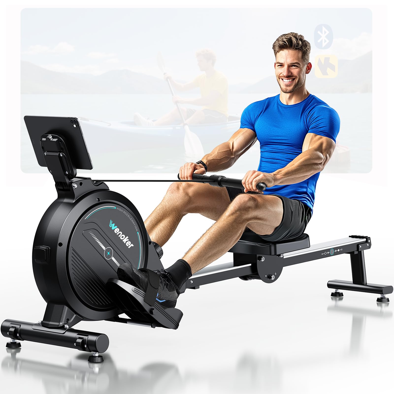 Rowing Machine,Wenoker Magnetic Rower Machine for Home,App Supported 350 LB Weight Capacity, Smooth Whisper Quiet with LCD Monitor Tablet Holder & Comfortable Seat Cushion, Compact and Saves Space