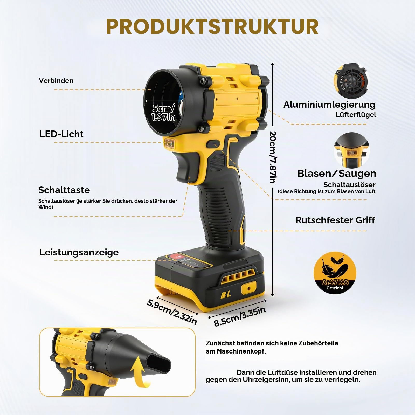 Kabelloser Staubsauger-Bläser für Dewalt 18/20V, 2 in 1 Handstaubsauger bürstenloser Laubbläser 85000 U/min mit einstellbarer Geschwindigkeit und 5 Düsen für Auto, Haus, Büro, Küche (kein Akku) (Gelb