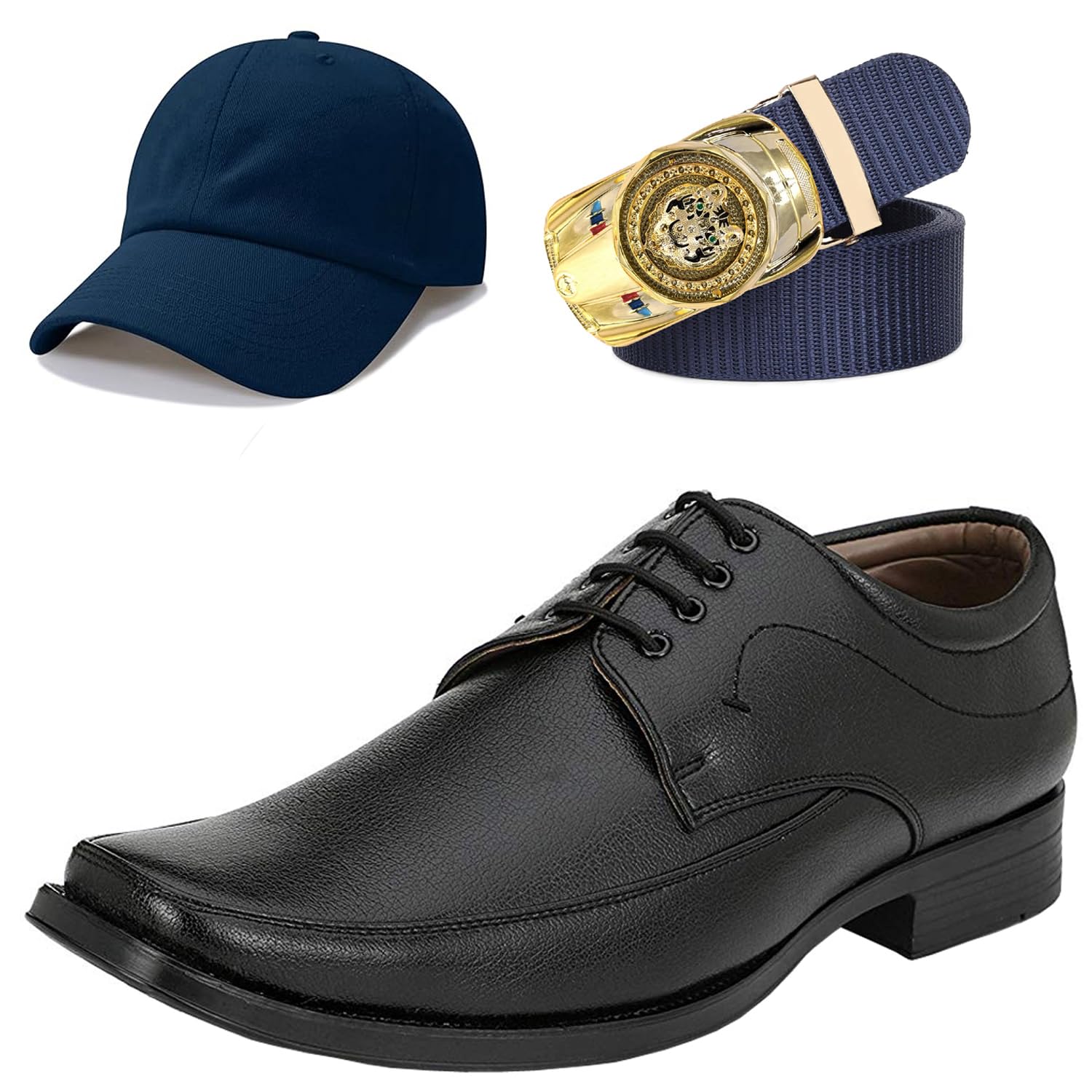 Formal Shoes with Free Base Ball Cap & Free Belt Combo for Men & Boys Black-image-38